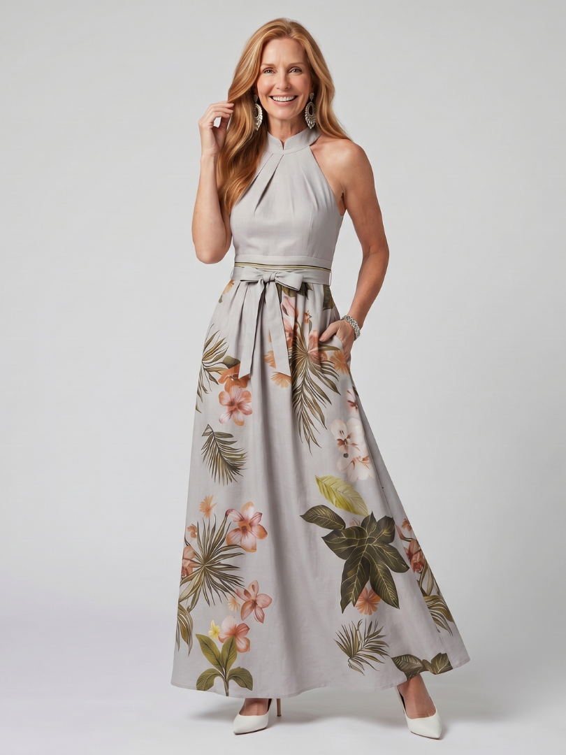 Women's Botanical Draped Halter Maxi Dress - Effortless Elegance