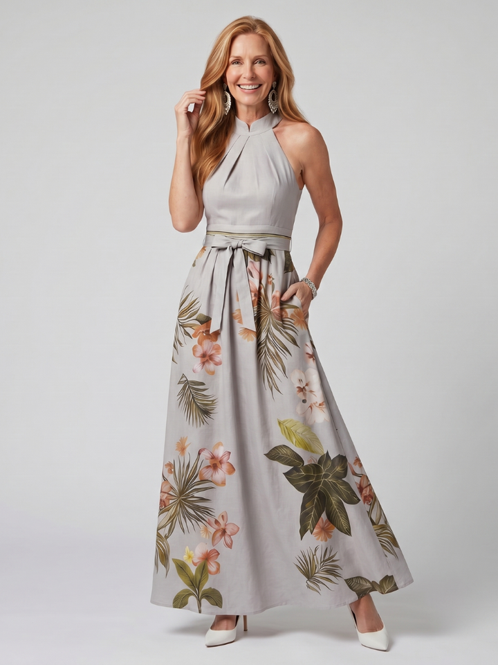 Women's Botanical Draped Halter Maxi Dress - Effortless Elegance