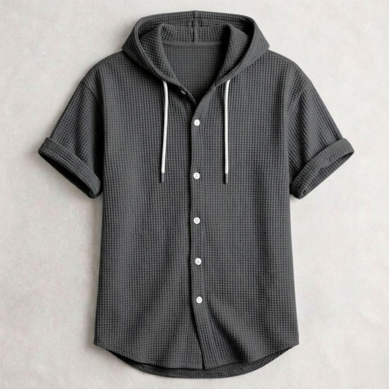 Men's Cotton Waffle Hooded Shirt – Relaxed Long-Sleeve Overshirt