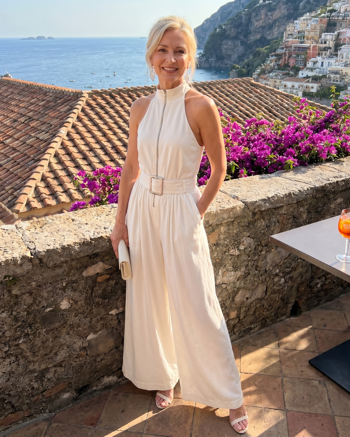 Women's Belted High Neck Wide Leg Jumpsuit - Effortless Evening Style