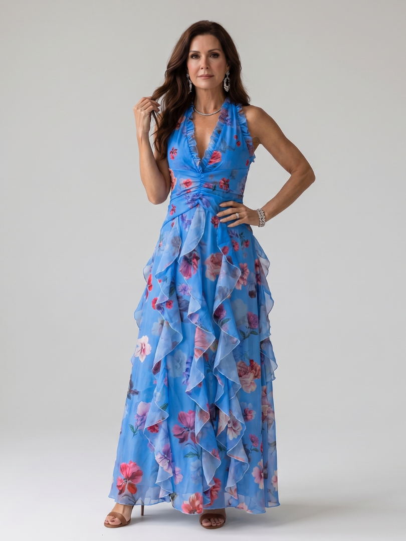 Women's Floral Halter Neck Ruched Bodice Maxi Dress
