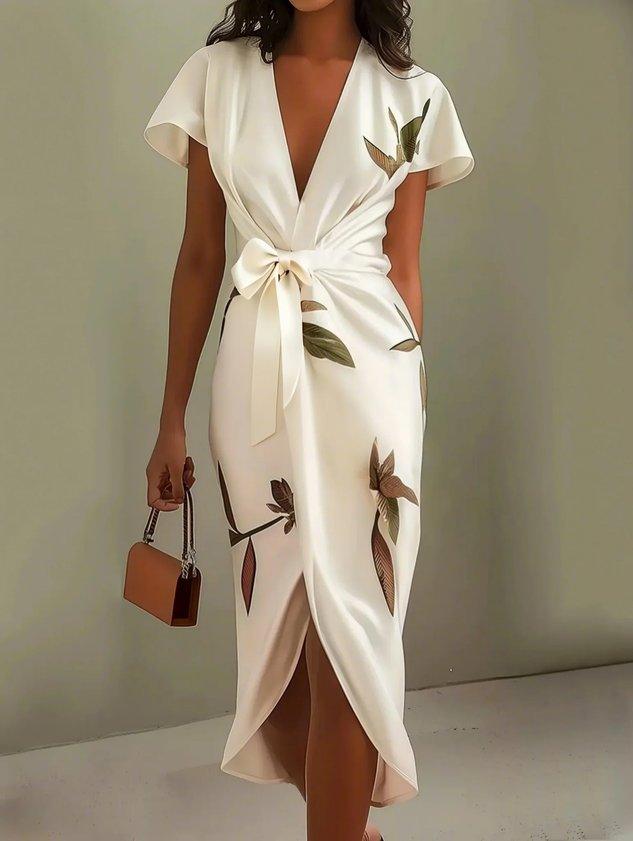 Women's Floral Wrap Midi Dress - Elegant Botanical Print