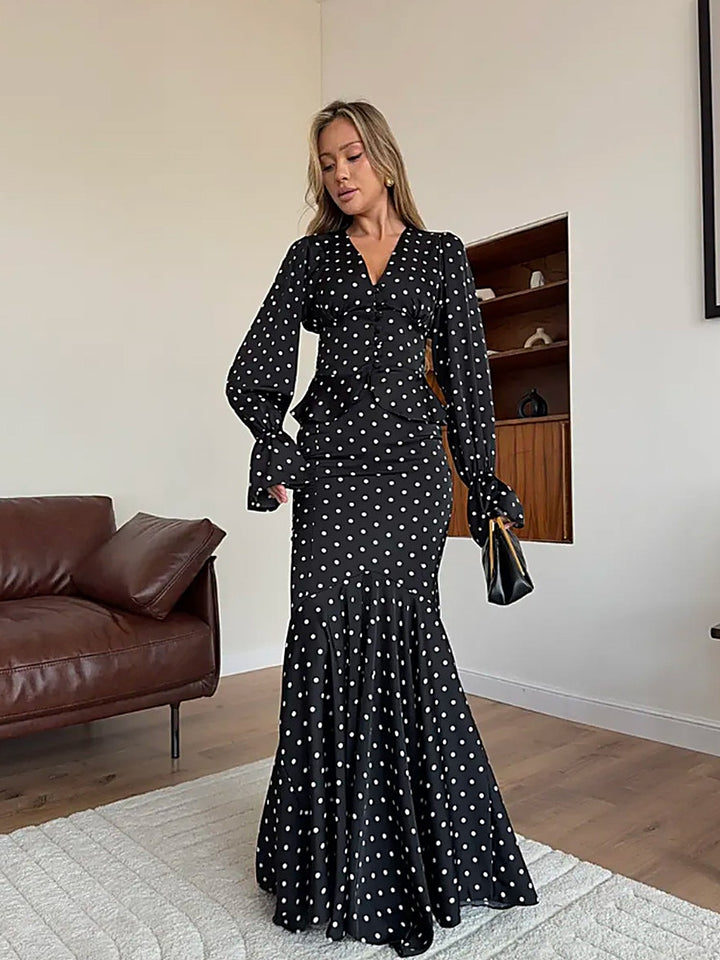 French Chic Polka-Dot Blouse + Fishtail Midi Skirt Set