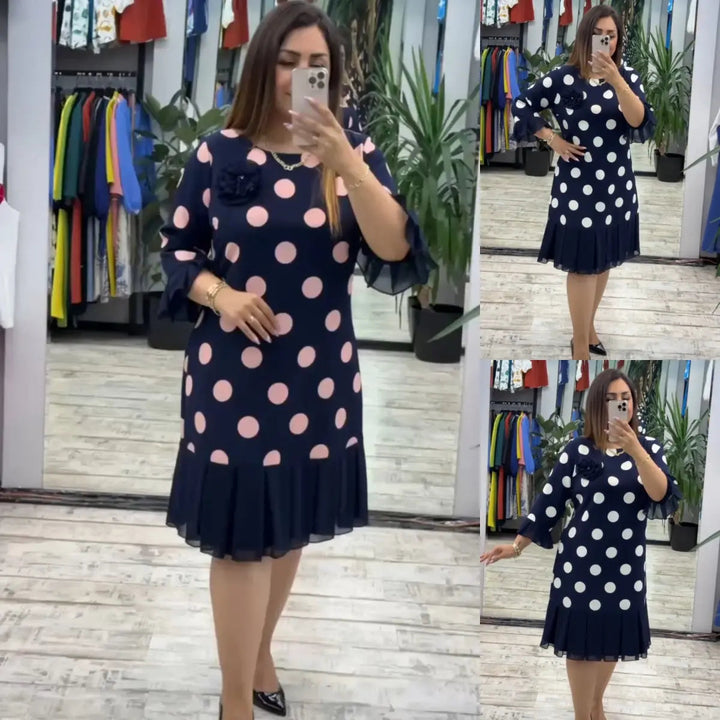 Women's Polka Dot Pleated Knee-Length Dress - Graceful Everyday Look