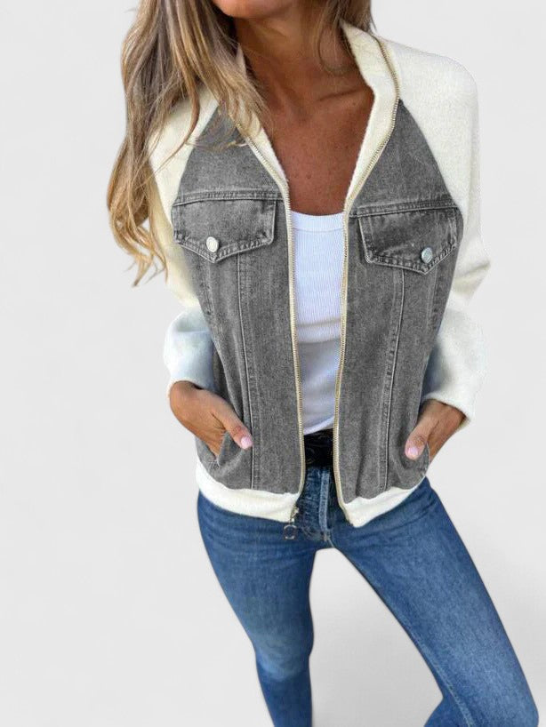 Women's Denim Jacket with Contrast Sleeves - Everyday Layering