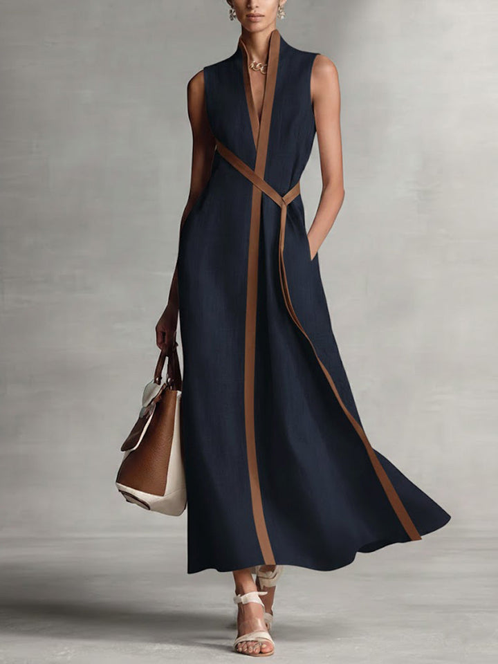 Women's Cotton And Linen Stand-up Collar Sleeveless Casual Loose Dress