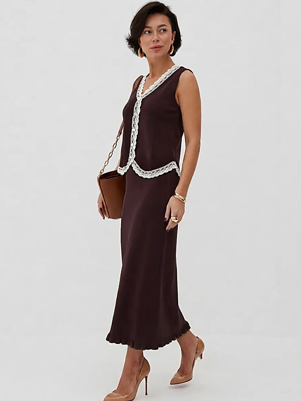 Elegant Colorblock Lace Vest Top + Midi Skirt Set