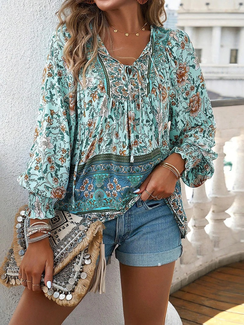 Women's Floral Ruffled Cuff Blouse - Effortless Day to Night