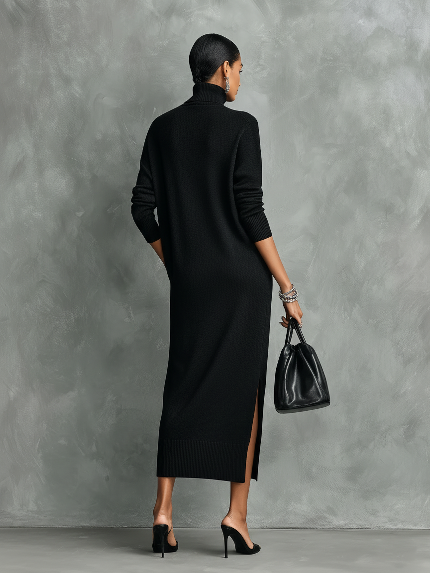 Women's Knitted Turtleneck Midi Dress - Effortless Elegance