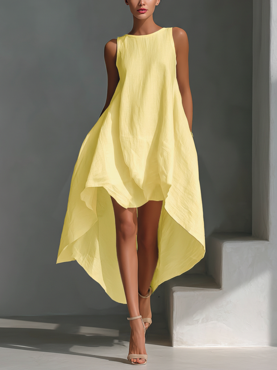 Women's Linen Sleeveless Midi Dress - Asymmetrical Hem, Breezy Style