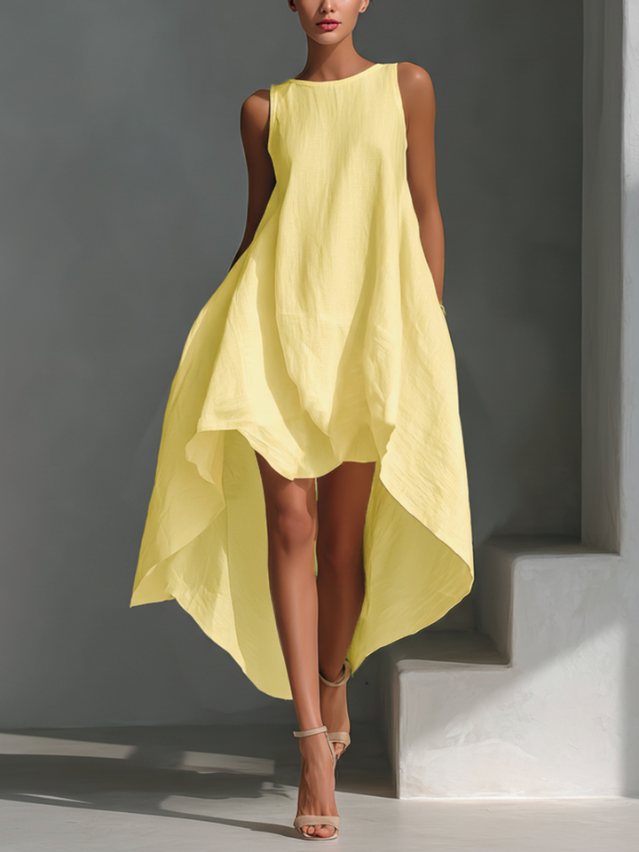 Women's Linen Sleeveless Midi Dress - Asymmetrical Hem, Breezy Style