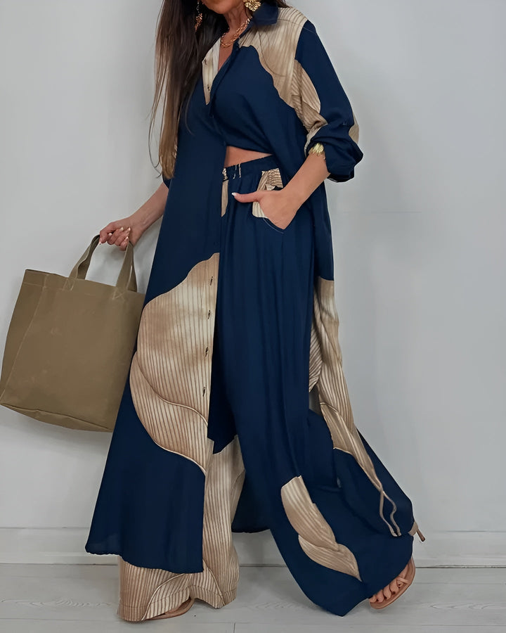Women's Patchwork Print Top & Wide Leg Pants Set - Effortless Summer