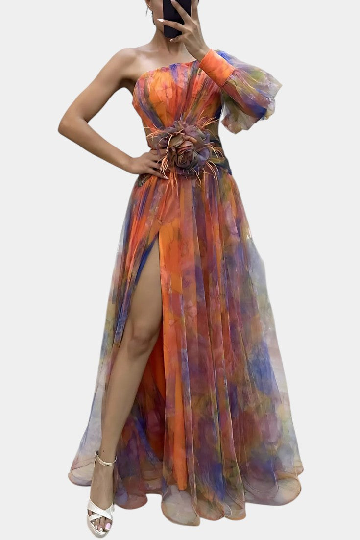 Women's Printed One-Shoulder Maxi Dress - Perfect for Weddings