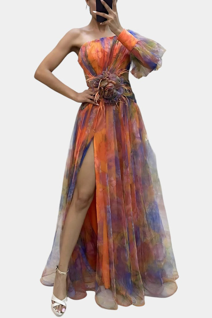 Women's Watercolor-Print One-Shoulder Maxi Dress - Elegant Event