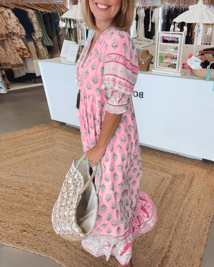 Women's Printed Casual Midi Dress - Effortless Boho Style