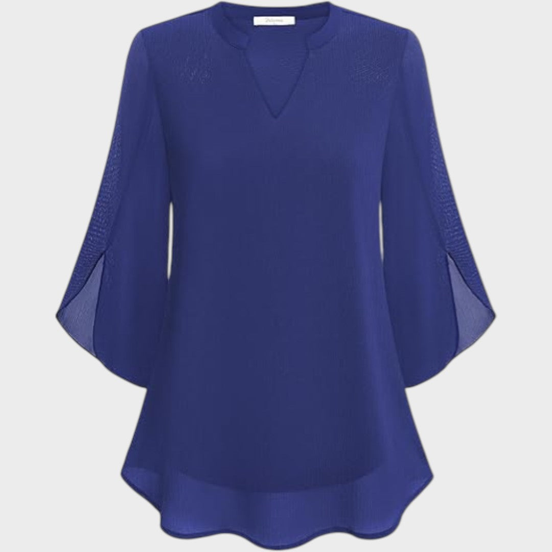 Women's Elegant Flow Blouse with Notch Neckline - Sheer Sleeves