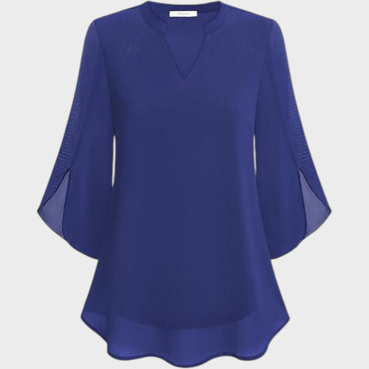 Women's Elegant Flow Blouse with Notch Neckline - Sheer Sleeves