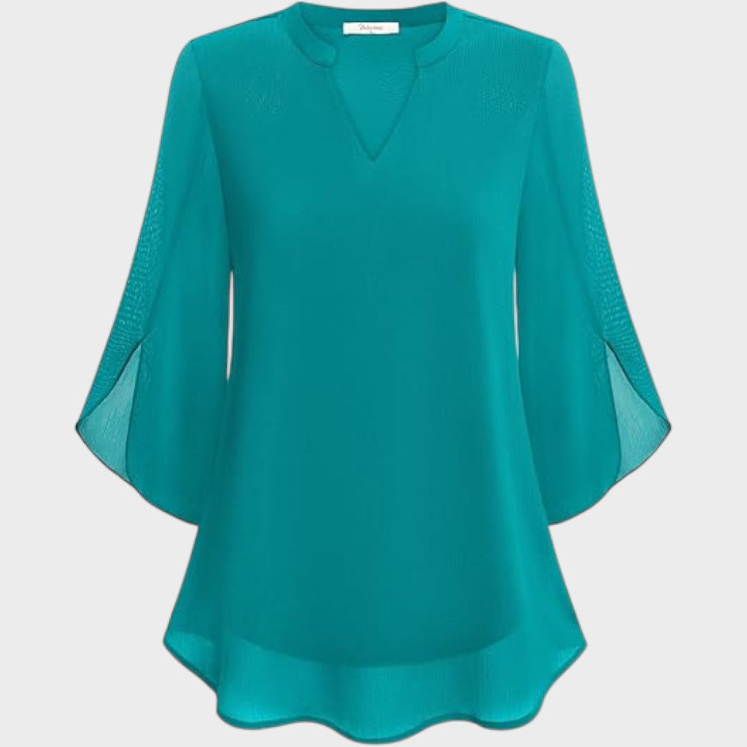 Women's Elegant Flow Blouse with Notch Neckline - Sheer Sleeves