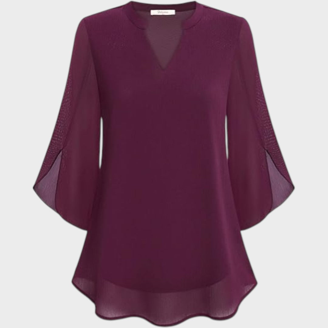 Women's Elegant Flow Blouse with Notch Neckline - Sheer Sleeves