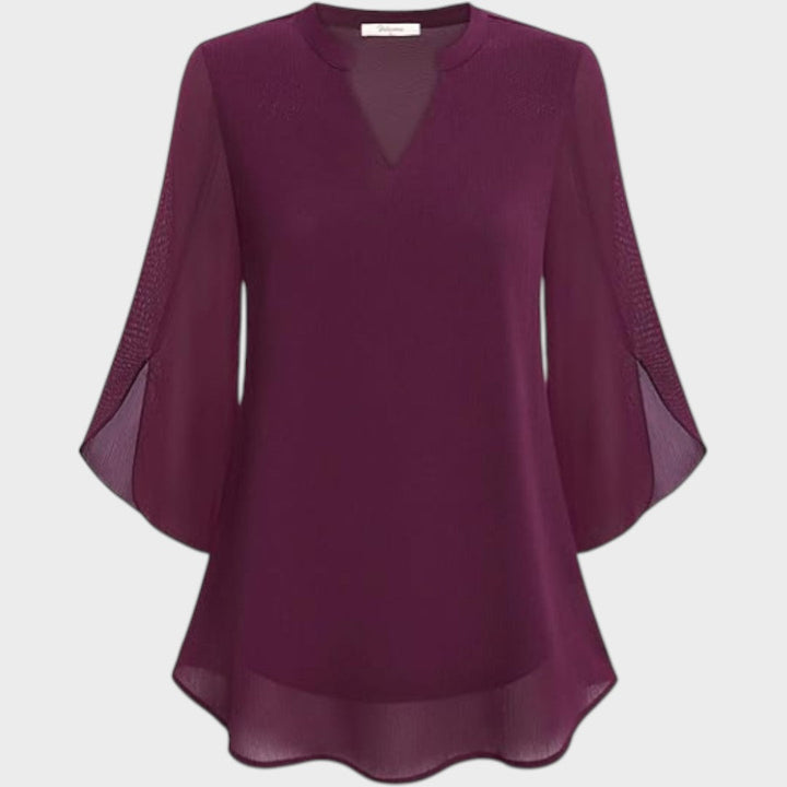 Women's Elegant Flow Blouse with Notch Neckline - Sheer Sleeves