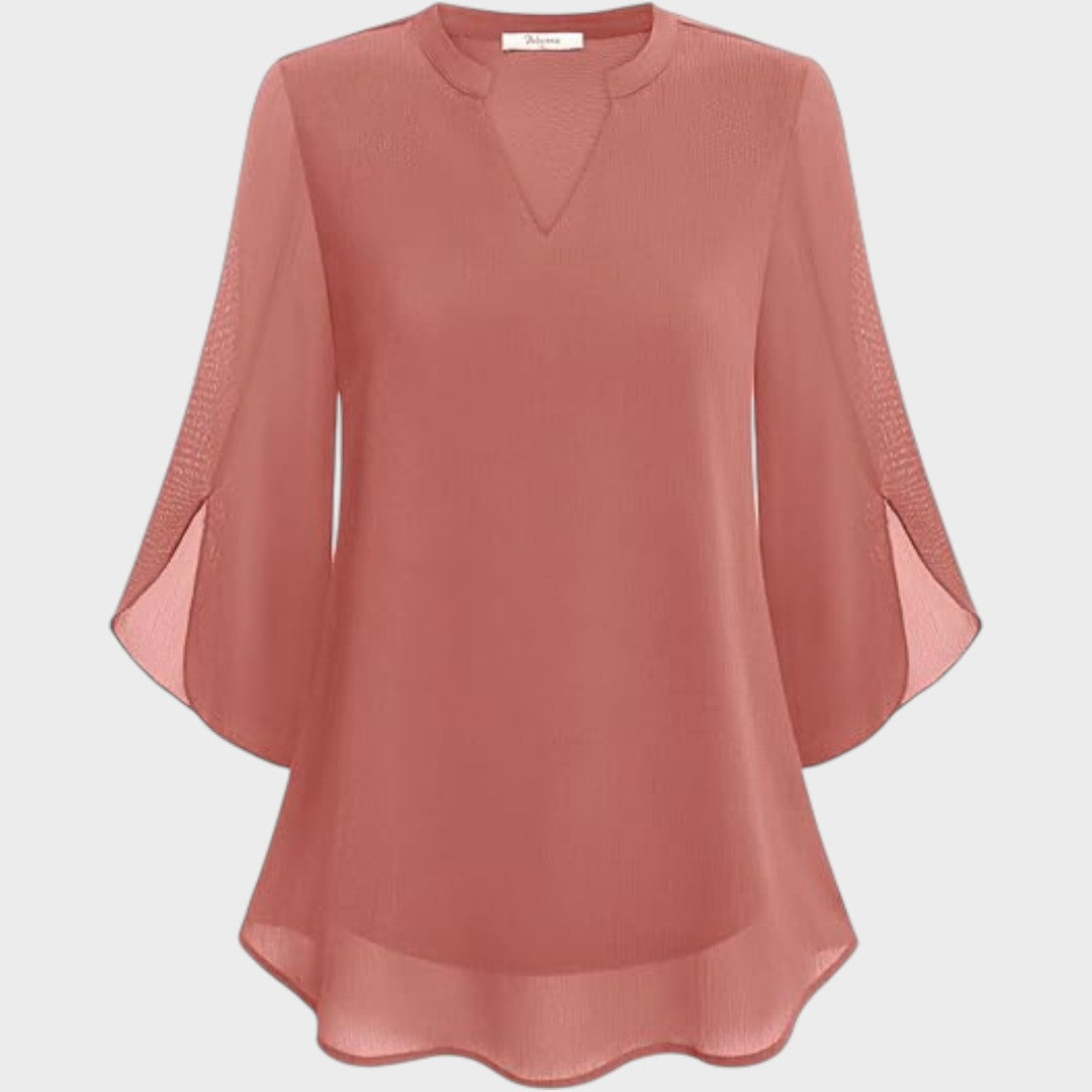 Women's Elegant Flow Blouse with Notch Neckline - Sheer Sleeves