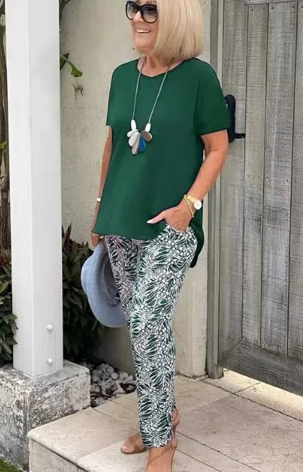 Women's Cotton-Blend Printed Relaxed Fit Outfit Set - Vacation Ready