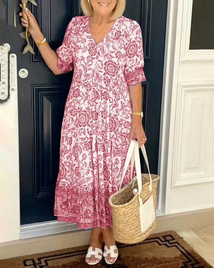 Women's Printed V-Neck Midi Dress - Everyday Elegance