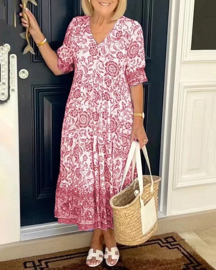 Women's Graceful V-Neck Floral Dress - Everyday Elegance