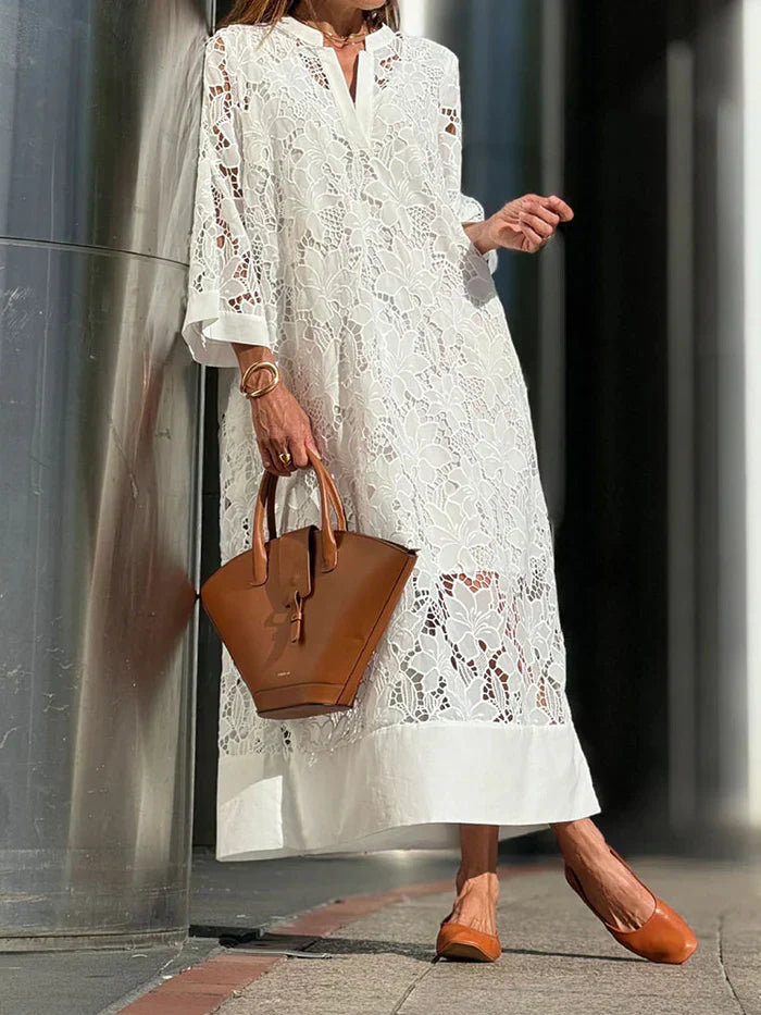 Women's Floral Lace Maxi Dress - Elegant Ankle-Length Gown
