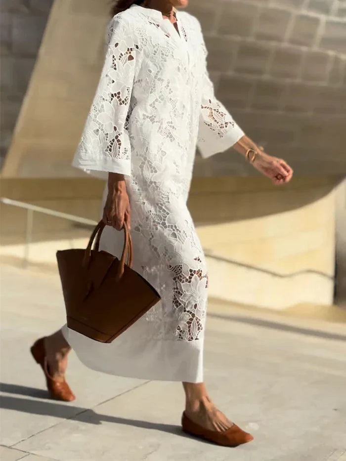 Women's Floral Lace Maxi Dress - Elegant Ankle-Length Gown