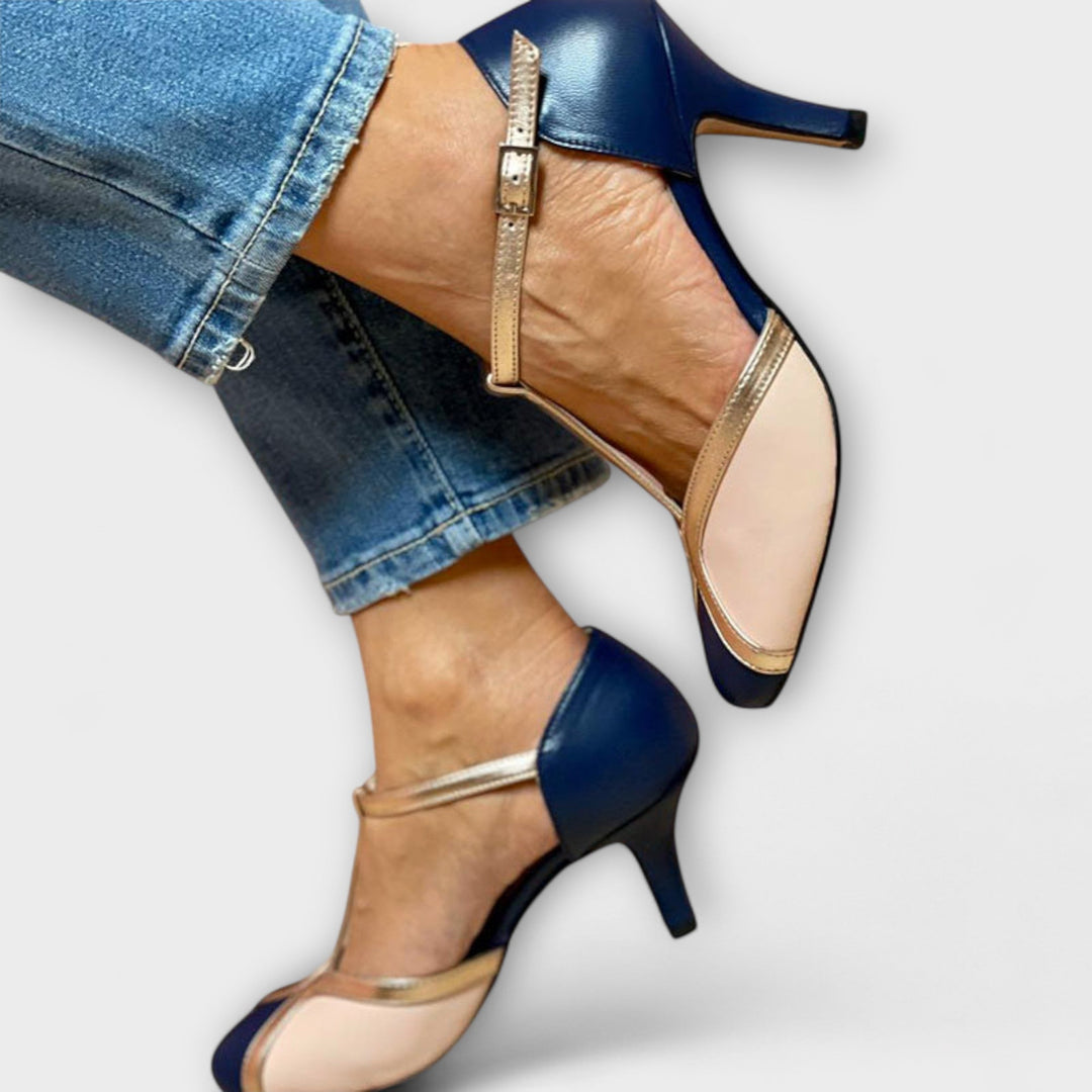Women's Two-Tone Faux Leather T-Strap Heels - Elegant Comfort