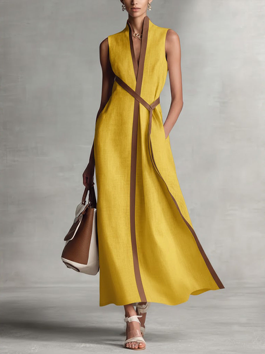 Women's Cotton And Linen Stand-up Collar Sleeveless Casual Loose Dress