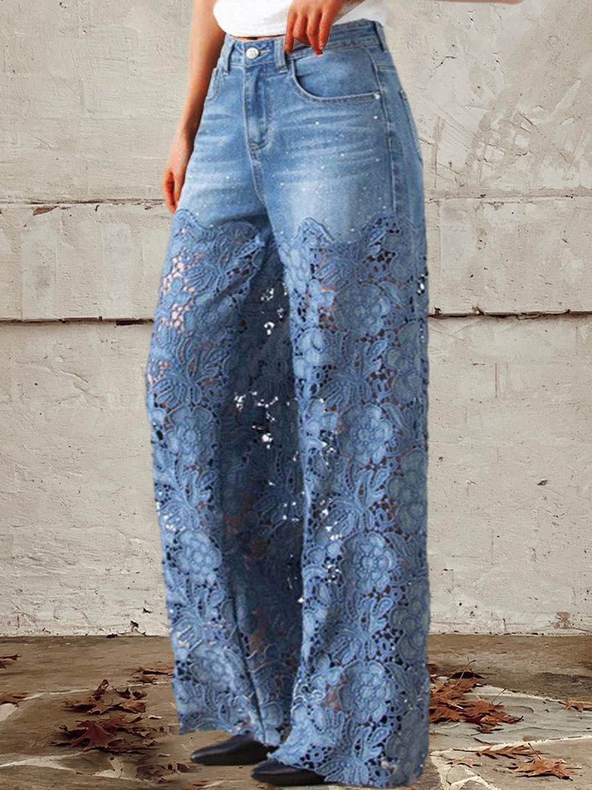 Women's Lace Accent Wide-Leg Denim Jeans - Edgy Meets Elegant