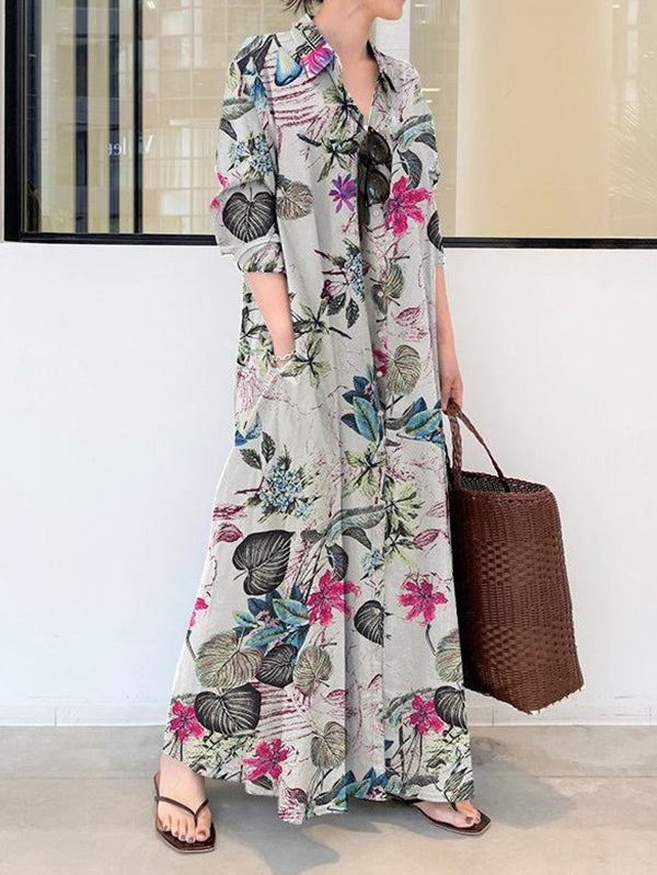 Women's Printed Split-Hem Lapel Shirt Maxi Dress