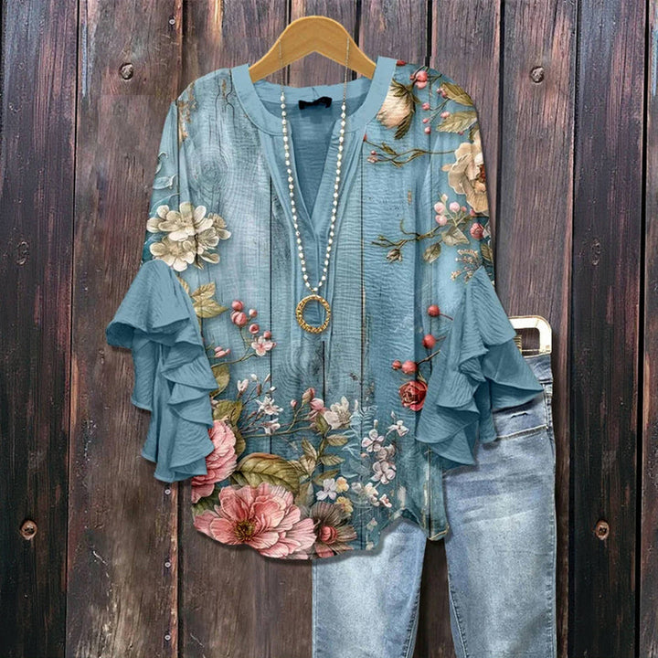 Women's Garden Bloom Ruffle Blouse - Vintage Floral Charm