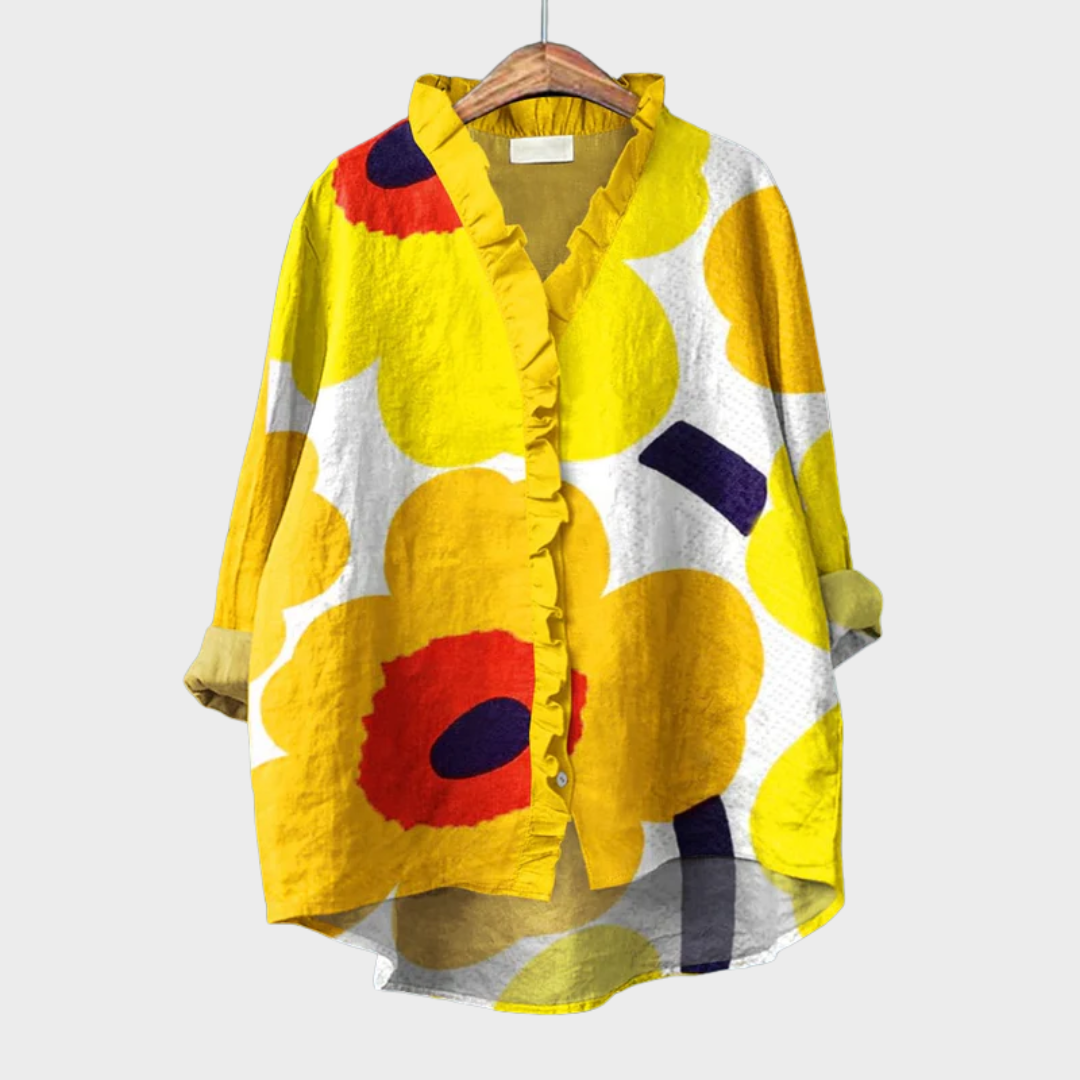 Women's Linen Blouse with Artistic Pattern - Elegant Summer Style