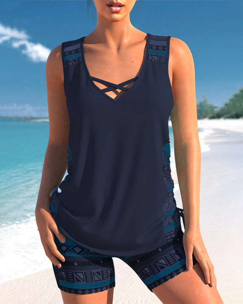 Women's Geometric Print V-Neck Tankini - Chic Beach Essential