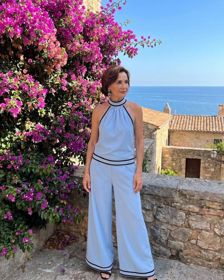 Women's Contrast Trim Halter Neck Wide Leg Jumpsuit - Warm Weather