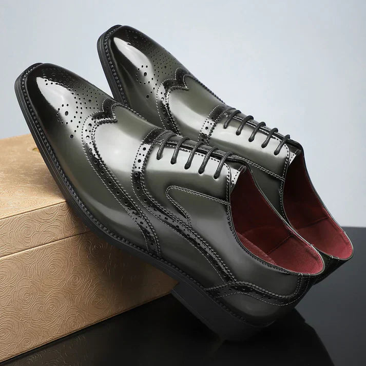 Men's Tricolor Leather Wingtip Dress Shoes - Classic Brogue Detailing