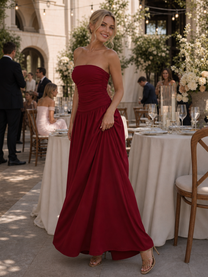 Women's Strapless Ruched Bodice Midi Dress - Effortless Elegance