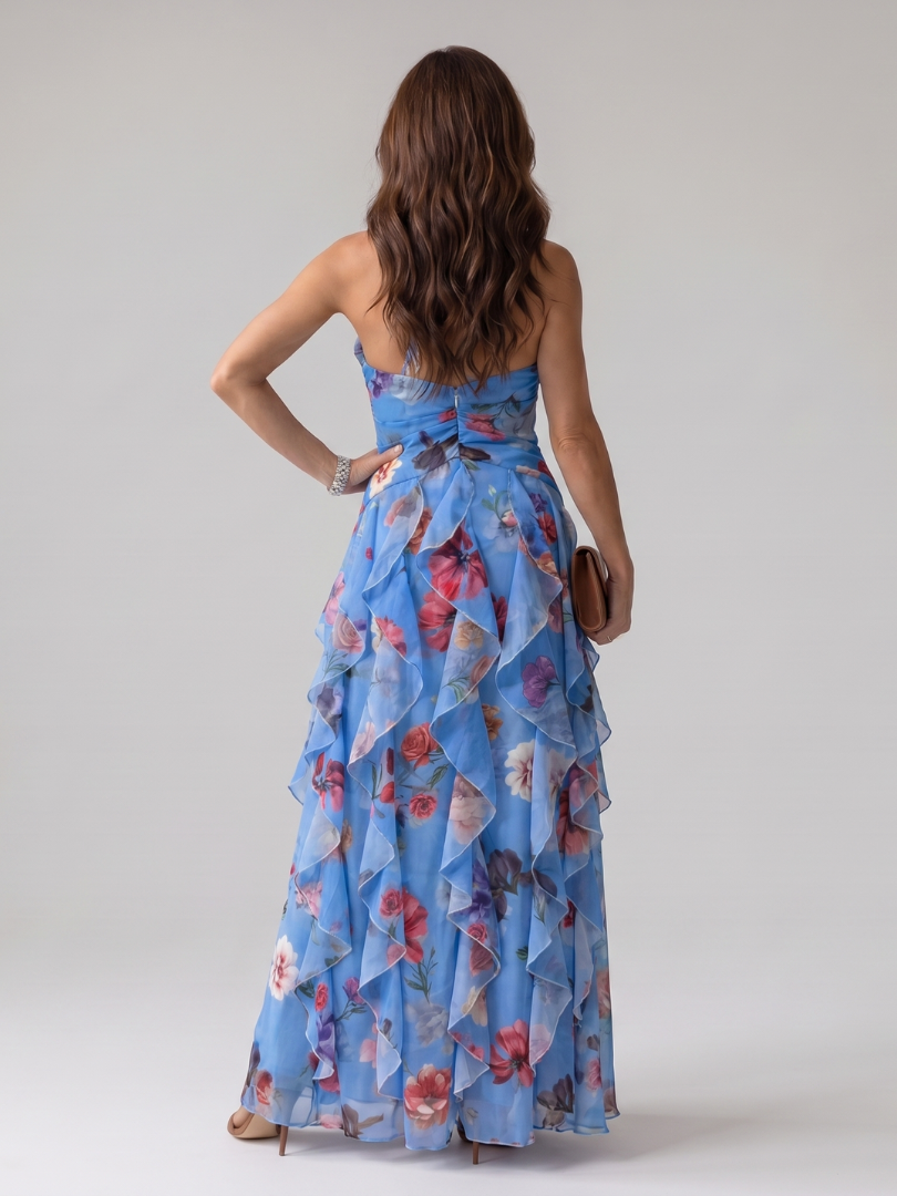 Women's Floral Halter Neck Ruched Bodice Maxi Dress