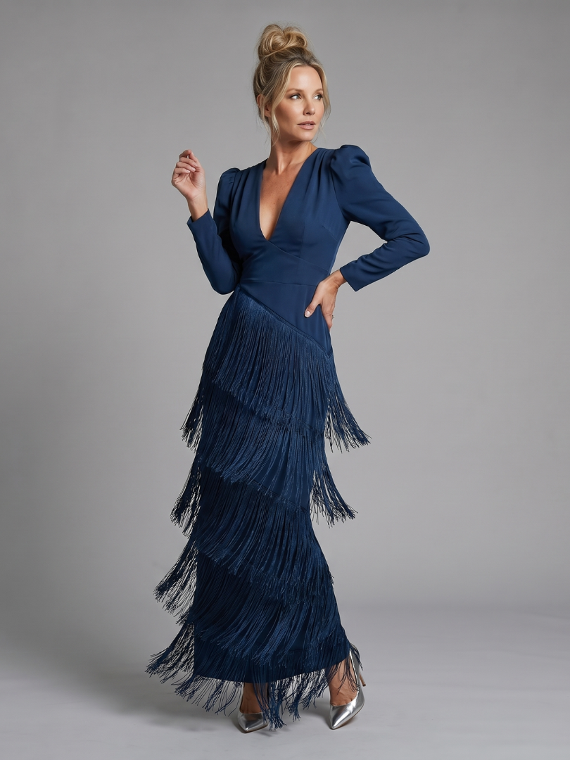 Women's Long Sleeve Fringe Midi Dress - Effortless Elegance