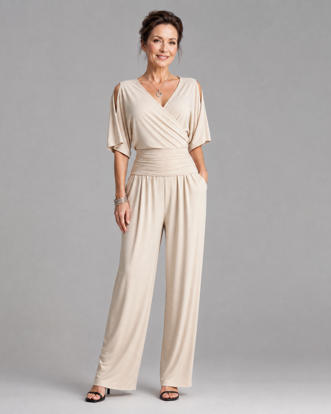 Women's Cold Shoulder Wrap Waist Relaxed Jumpsuit - Effortless Day to