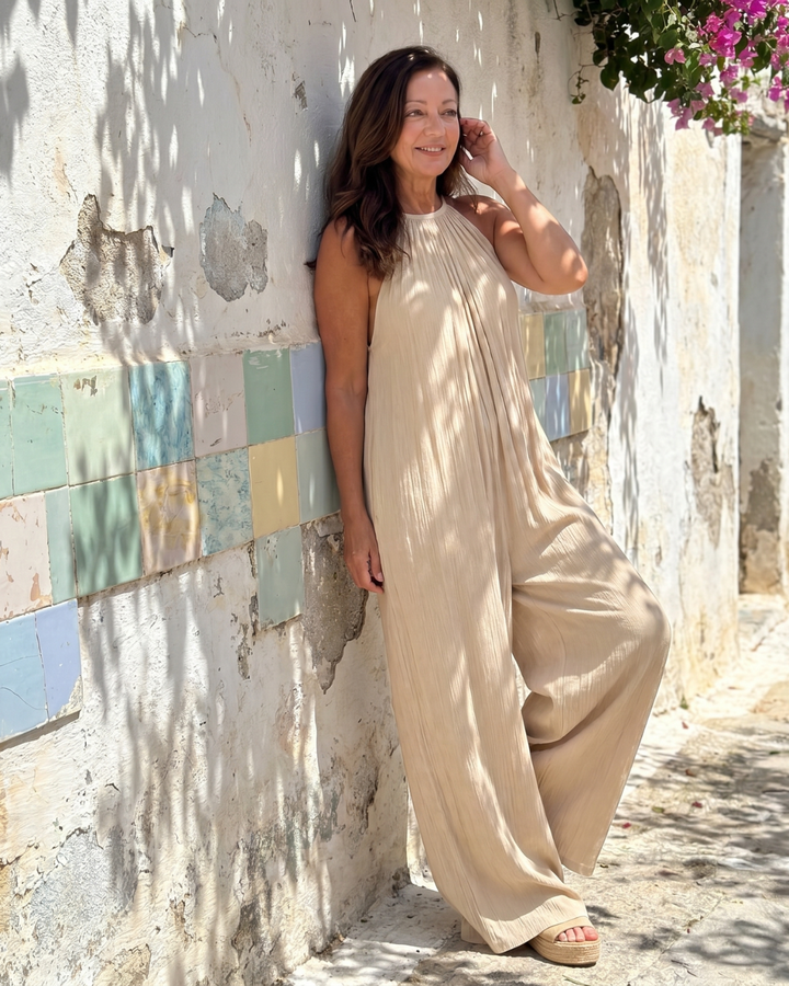 Women's Pleated Halter Neck Wide Leg Jumpsuit - Warm Weather Ease