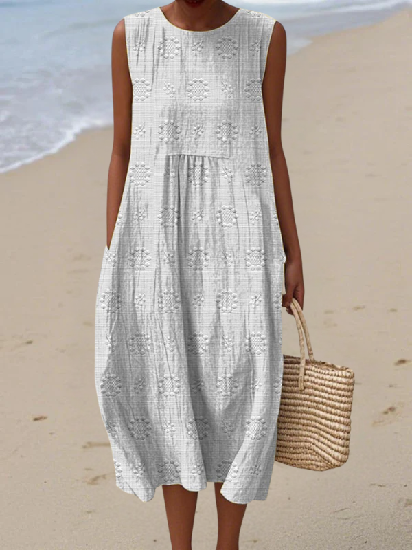 Women's Embroidered Sleeveless Midi Dress - Flattering and Versatile
