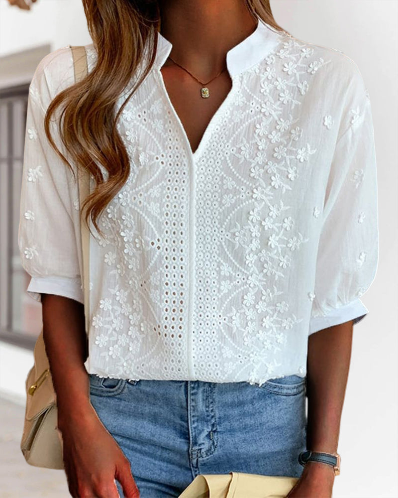 Women's Summer V Neck Puff Sleeve Blouse - Warm-Weather Essential
