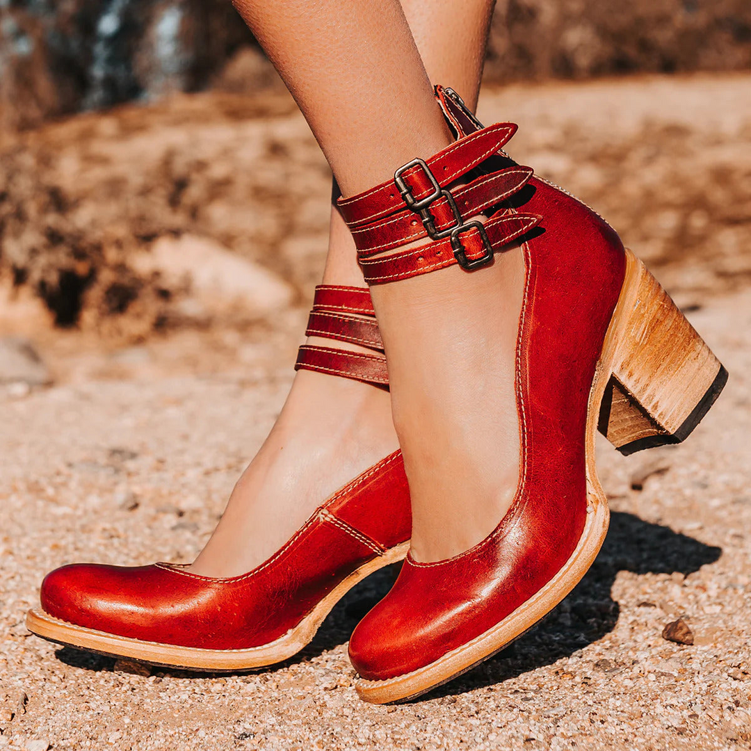 Women's Vintage Buckle-Strap Block Heels - Retro Charm & Comfort