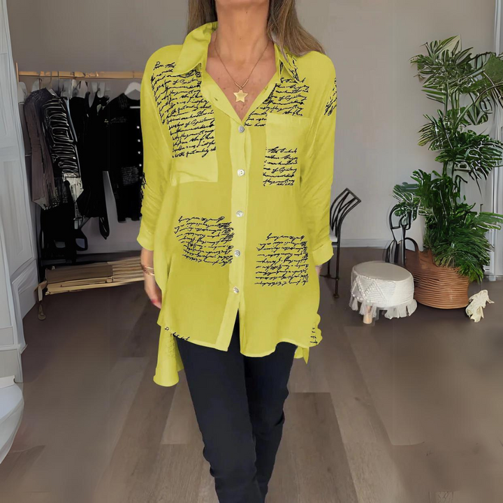 Women's Handwritten Print Button-Up Shirt - Artistic Everyday Style