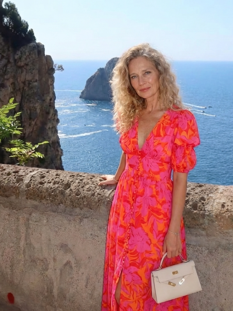 Women's Floral V-Neck Puff Sleeve Midi Dress - Warm Weather Essential