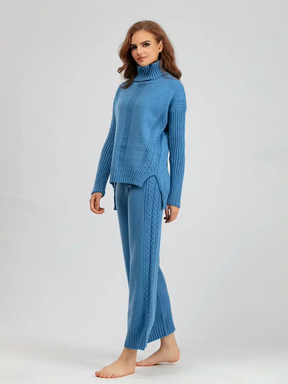 Women's Turtleneck Knit Sweater and Loose Pants Set - Cozy Casual